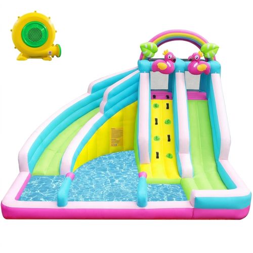 HEMOPOW 6-in-1 Flamingo Water Slide for kids aged 3-10 with double slides and splash pool