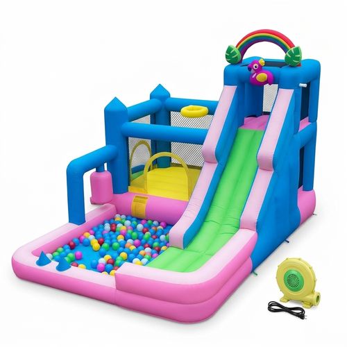 HEMOPOW Flamingo 10-in-1 Bounce House with double slide, ball pit, and sprinkler