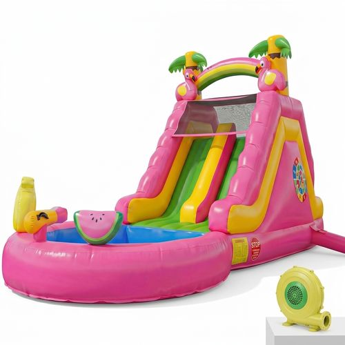 HEMOPOW 23FT Commercial Flamingo Inflatable Water Slide with dual racing lanes and splash pool