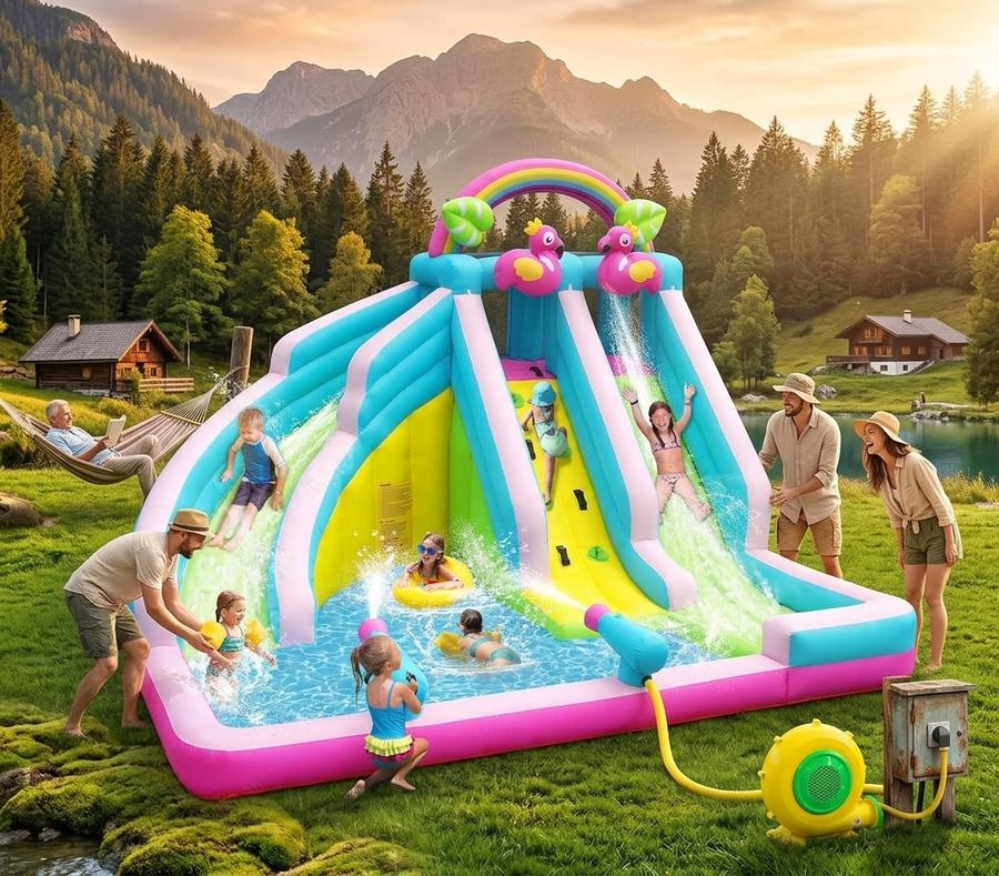 Kids sliding down the 6-in-1 Flamingo water slide
