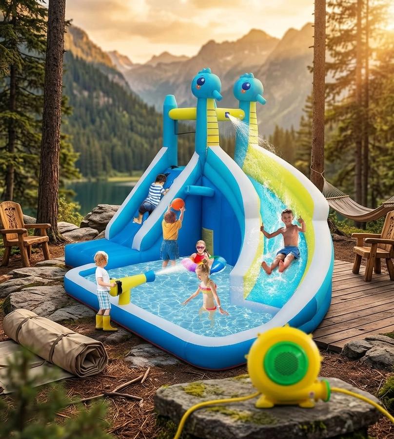 Seahorse inflatable water slide in a family backyard