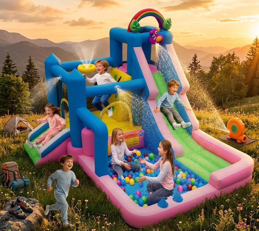 Flamingo 10-in-1 bounce house with kids playing inside