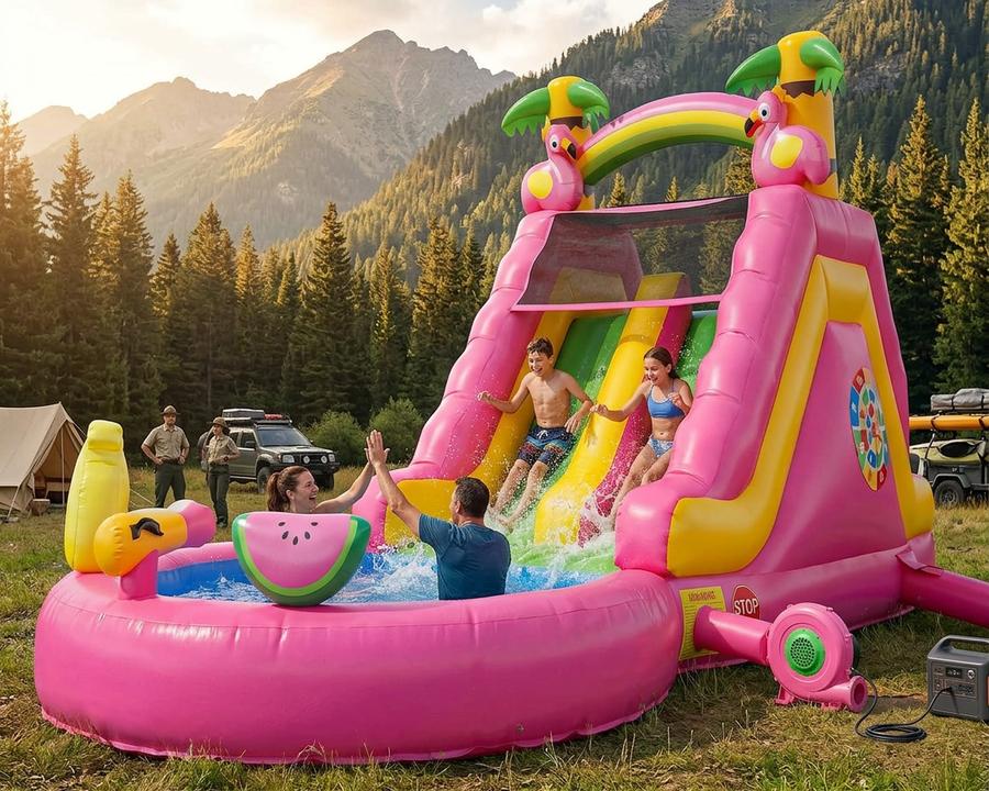 23FT Flamingo water slide set up in a sunny backyard