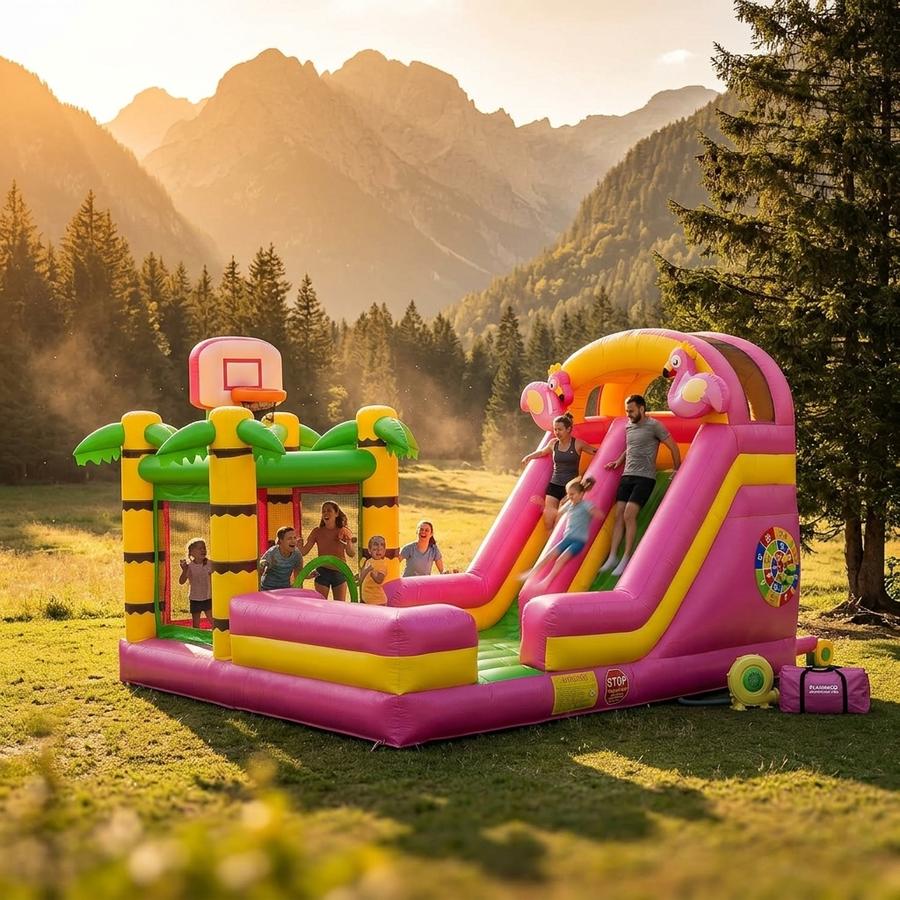 16FT Flamingo bounce house at a backyard birthday party